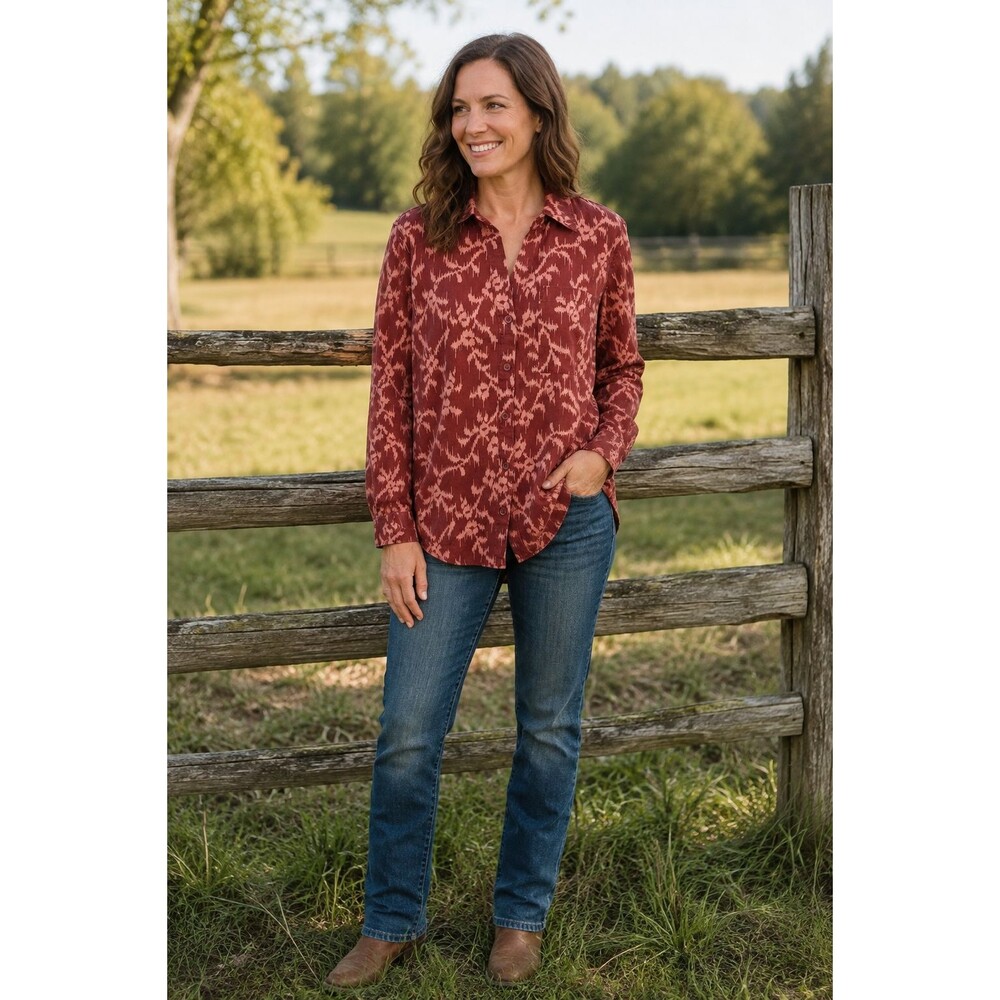 Knox Rose Women's Large Rust Pink Ikat Lyocell Long Sleeve Button-Up Shirt Boho